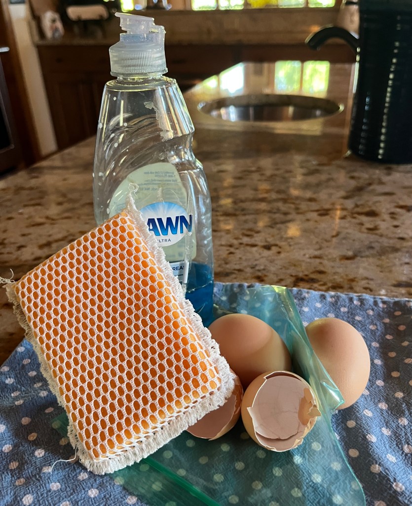 Eggs with a scrubber and eggs.